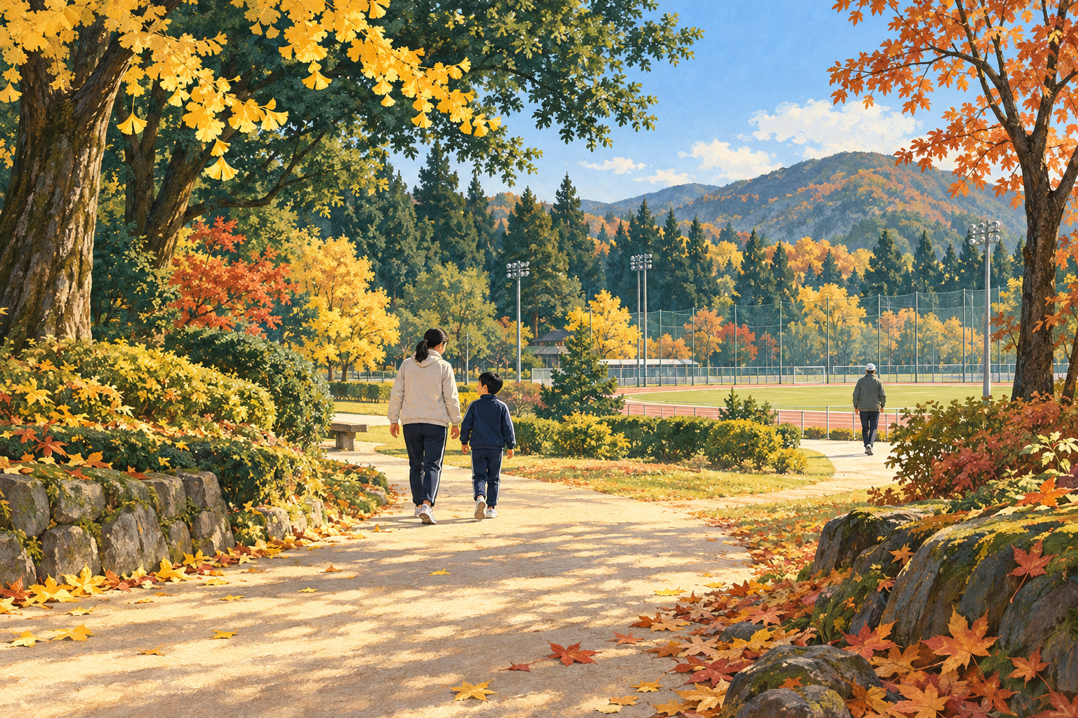 晩秋の公園で、親子と大人が穏やかに歩くイラスト